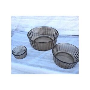 Vintage Arcopal "France" Ribbed Smoked Glass Dessert Bowls / Ramekins Trio
